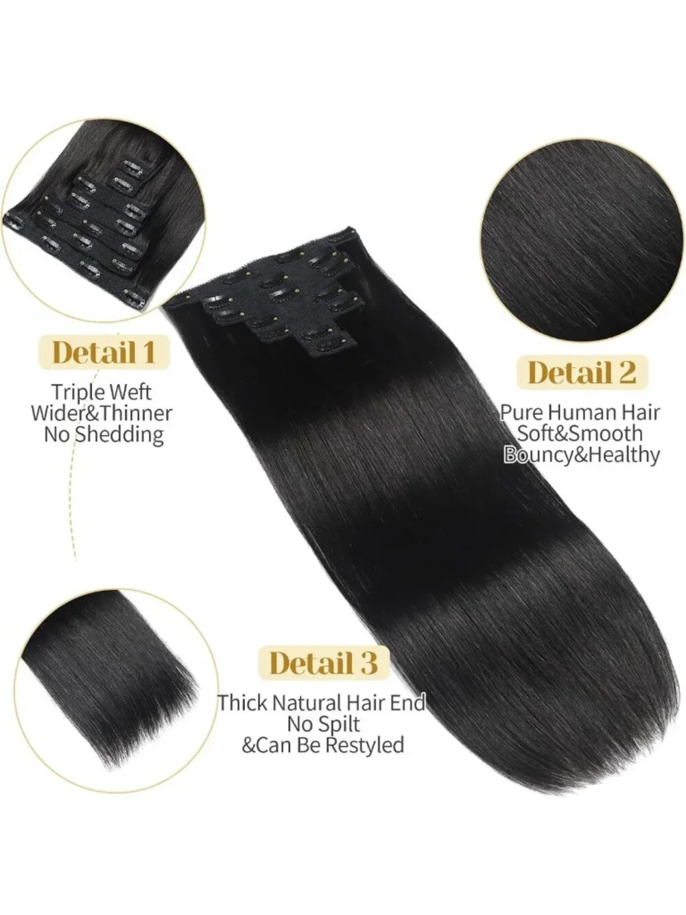 16 Inch Clip-In Real Human Hair Extensions - Soft Remy, Natural Black, 7pcs